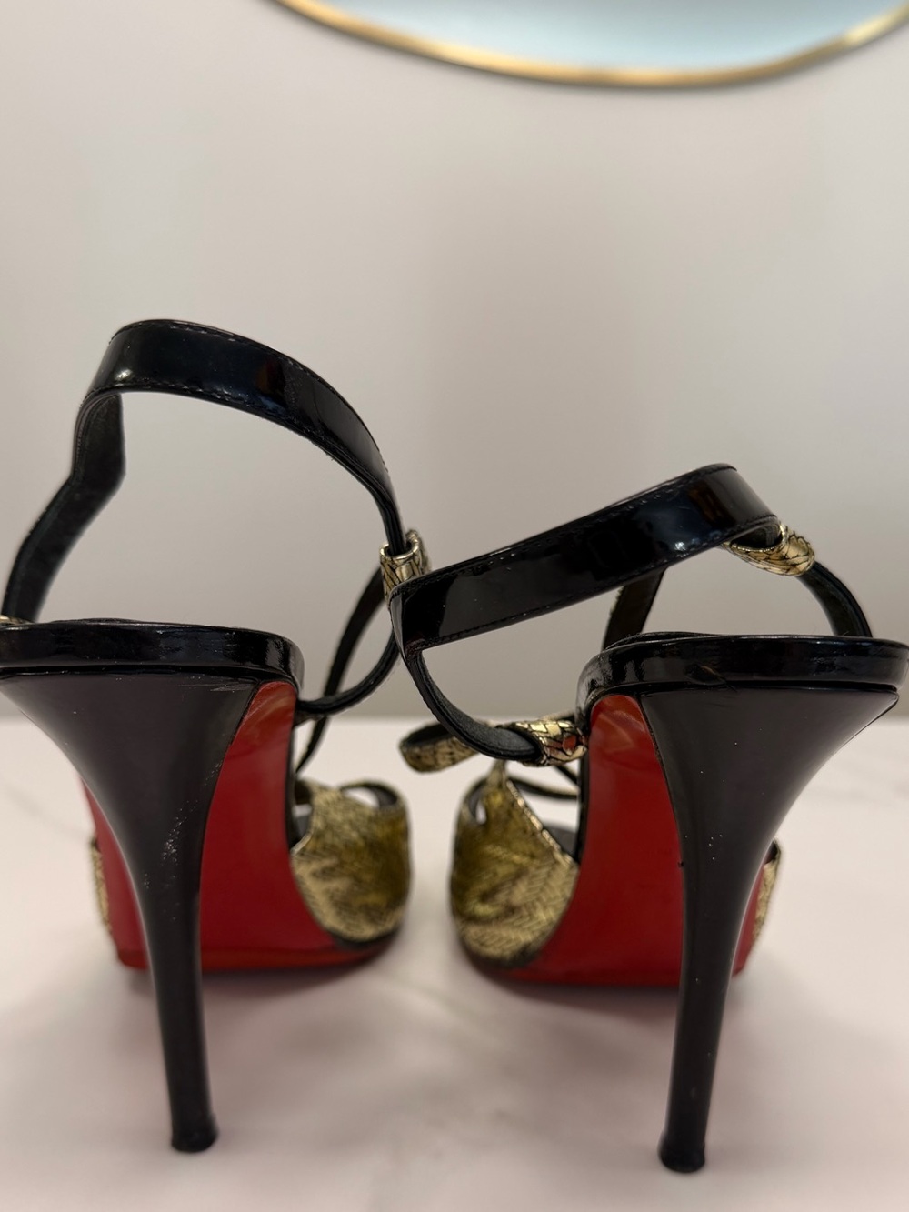 Christian Louboutin Gold and Black Strappy Peep-Toe Sandals - Picture 3 of 7